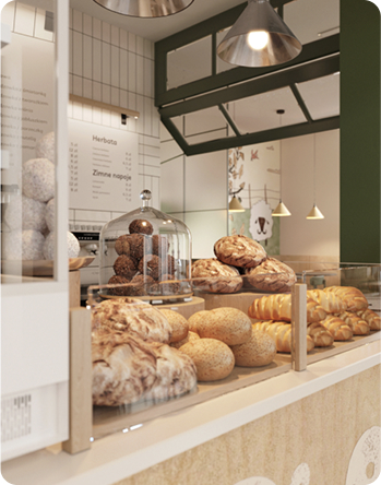 Інтер'єр пекарні Handlebar з випічкою на прилавку