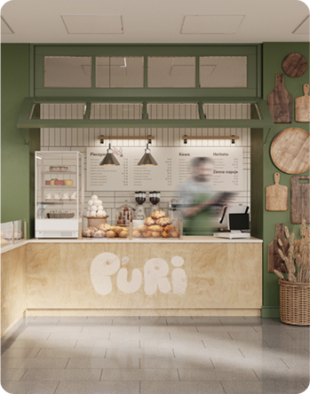 Інтер'єр пекарні Horseshoe з вітриною та меню на стіні