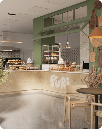 Інтер'єр пекарні Walrus з просторим залом та барною стійкою